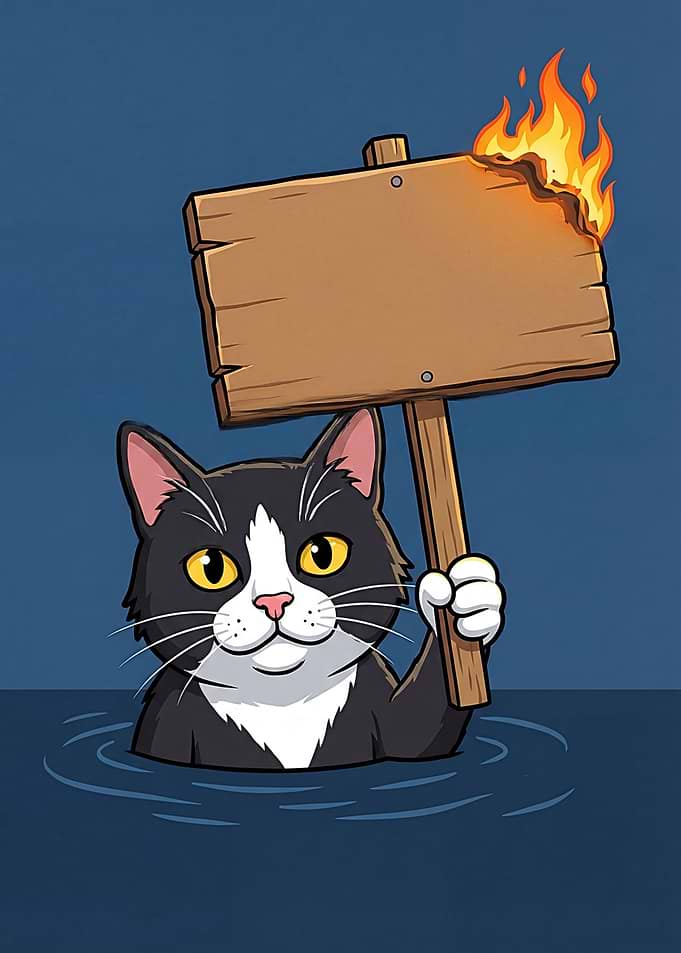 Cat holding a burning sign in water