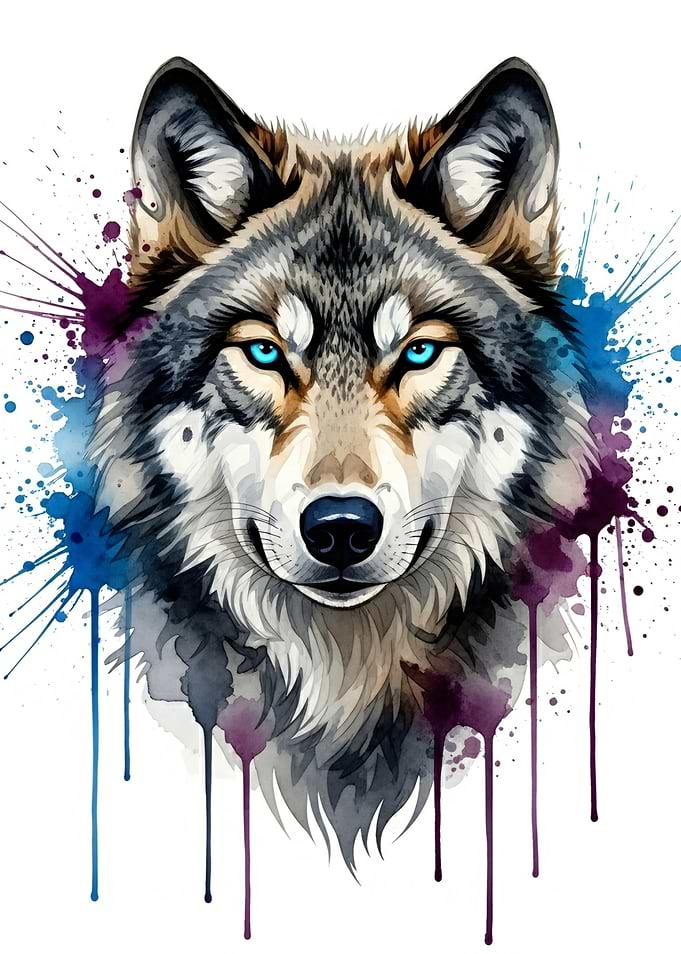 Watercolor Wolf Portrait with Splashes