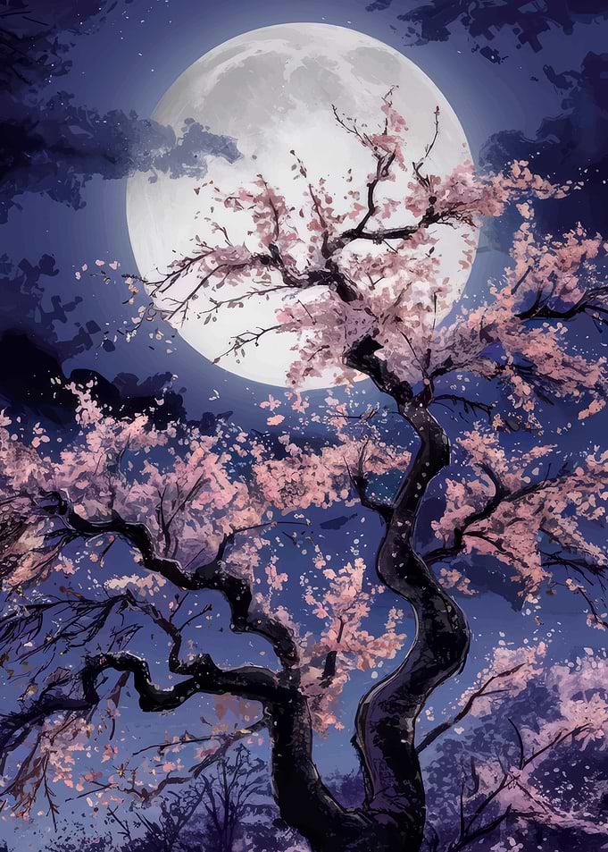 Cherry Blossoms Under the Full Moon