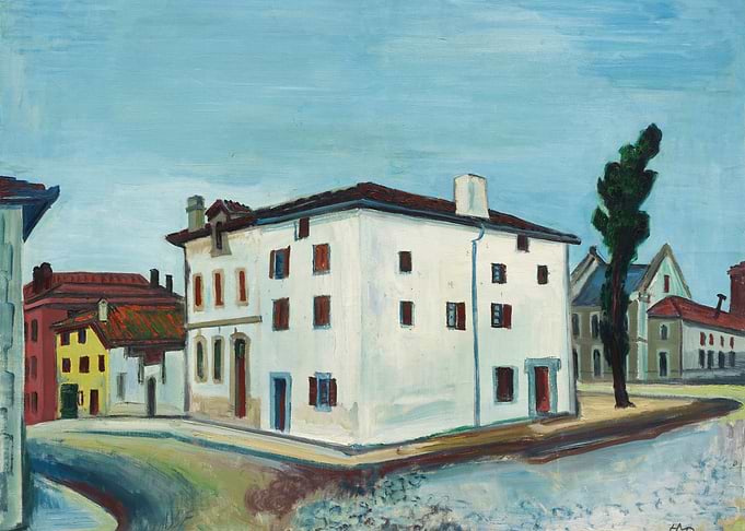 European Street Scene with White Building