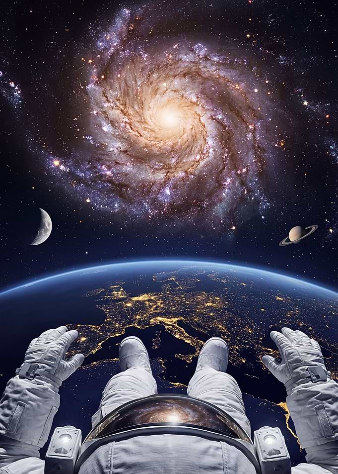 Astronaut viewing Earth and galaxy