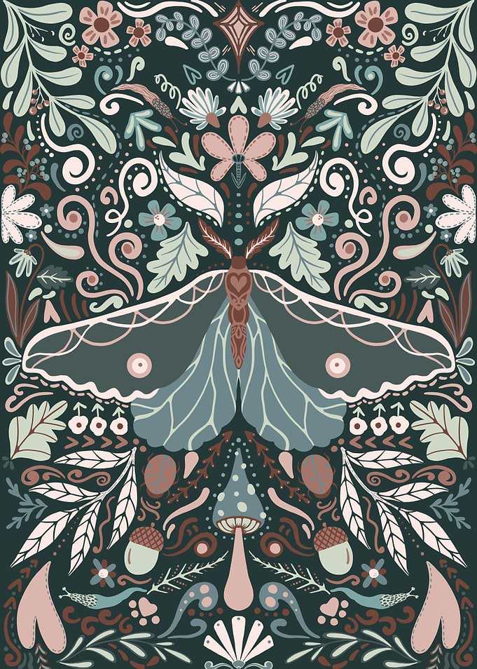 Moth and Floral Folk Art