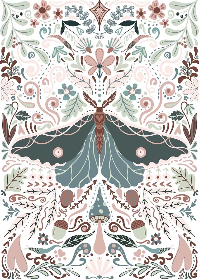 Moth and Floral Folk Art