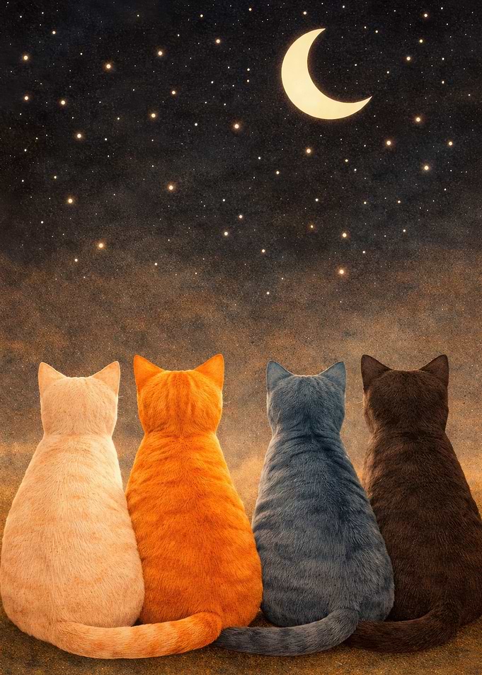 Four Cats Watching the Moonlit Sky