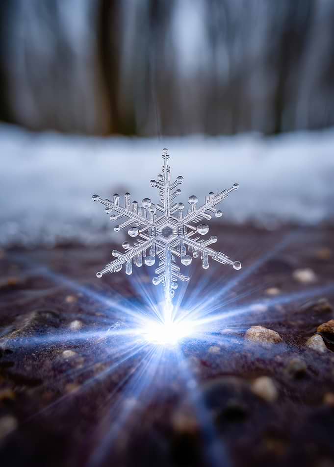 Close-up of a Snowflake with Light Burst