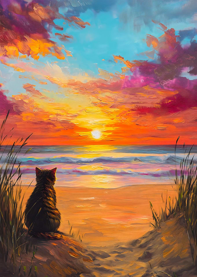 Cat Watching a Sunset on the Beach