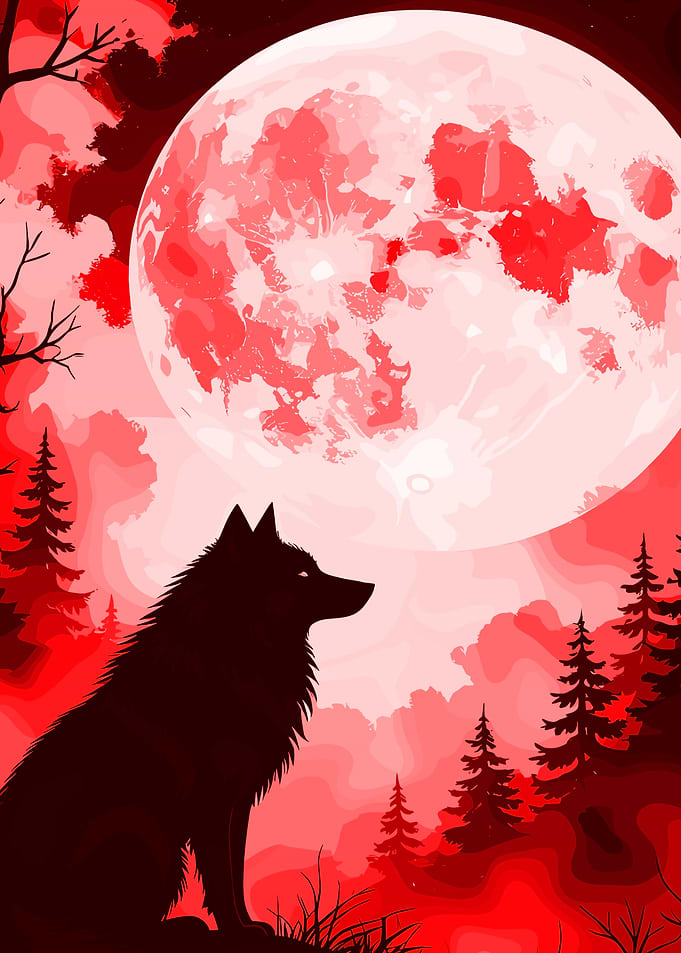 Wolf howling at a red moon