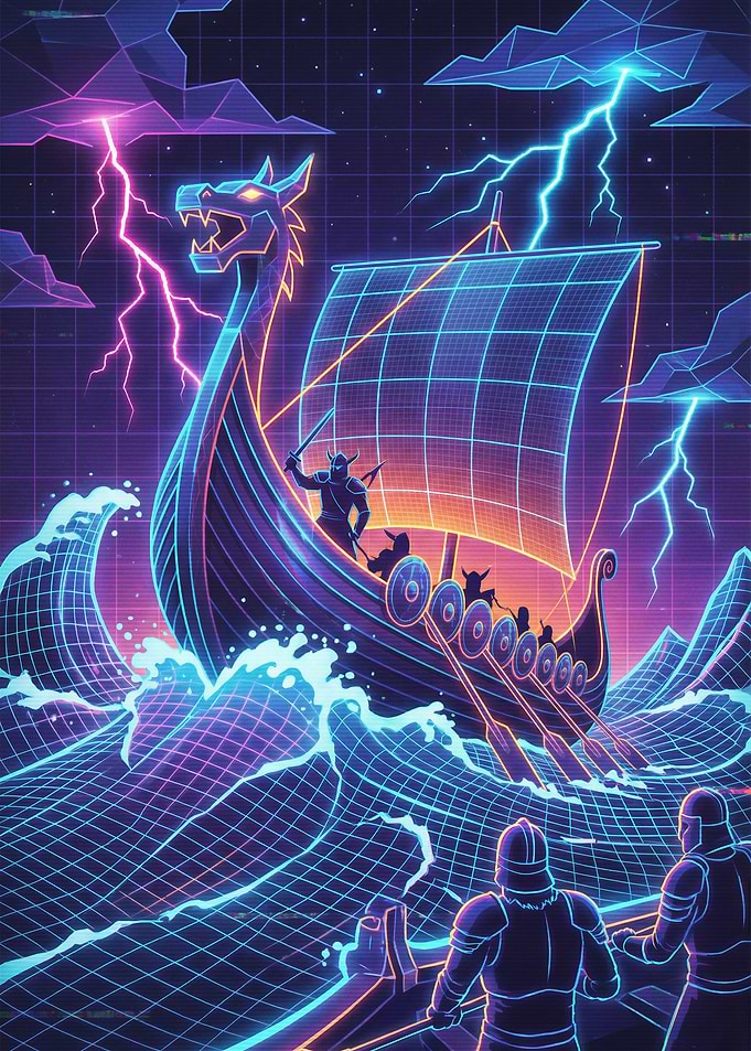 Retro Viking Ship in Digital Storm