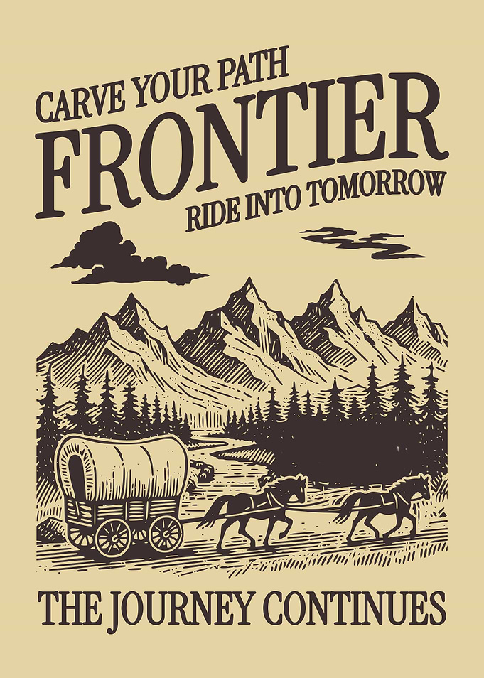 Frontier Vintage Poster, Pioneer Wagon Landscape Art, Western Adventure Wall Decor, Retro Travel Art