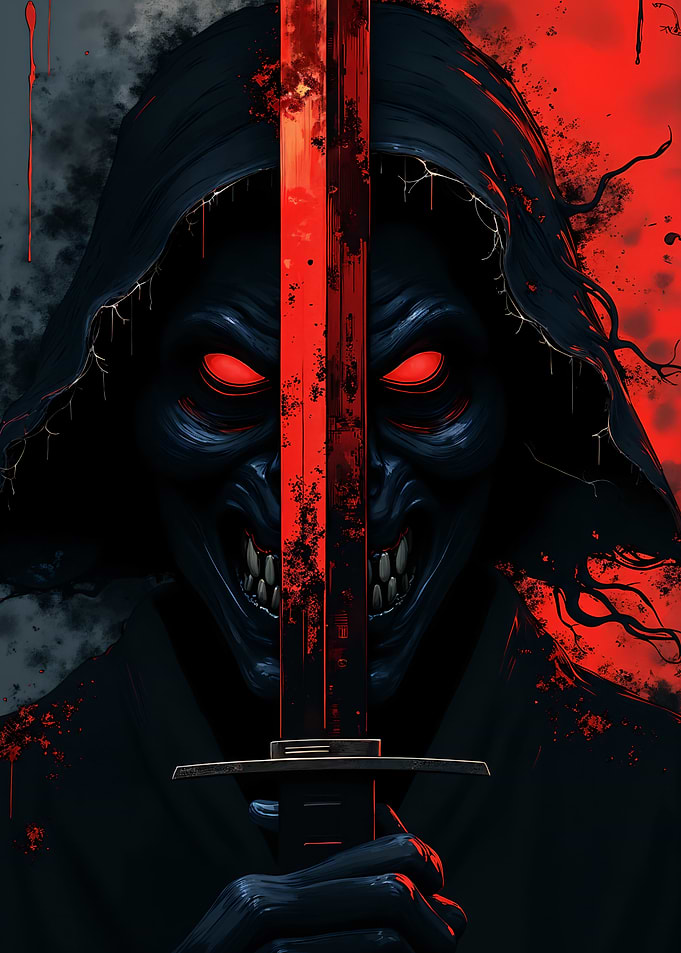 Demonic Warrior with Glowing Eyes and Katana