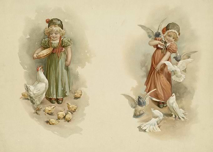 Children feeding birds and chicks