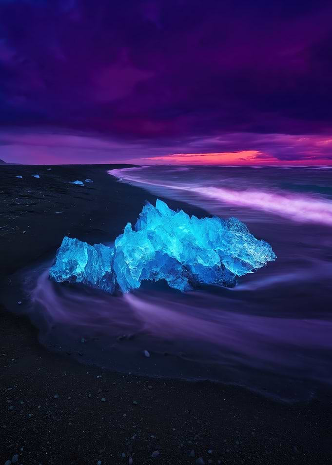 Glowing Ice on Black Sand Beach