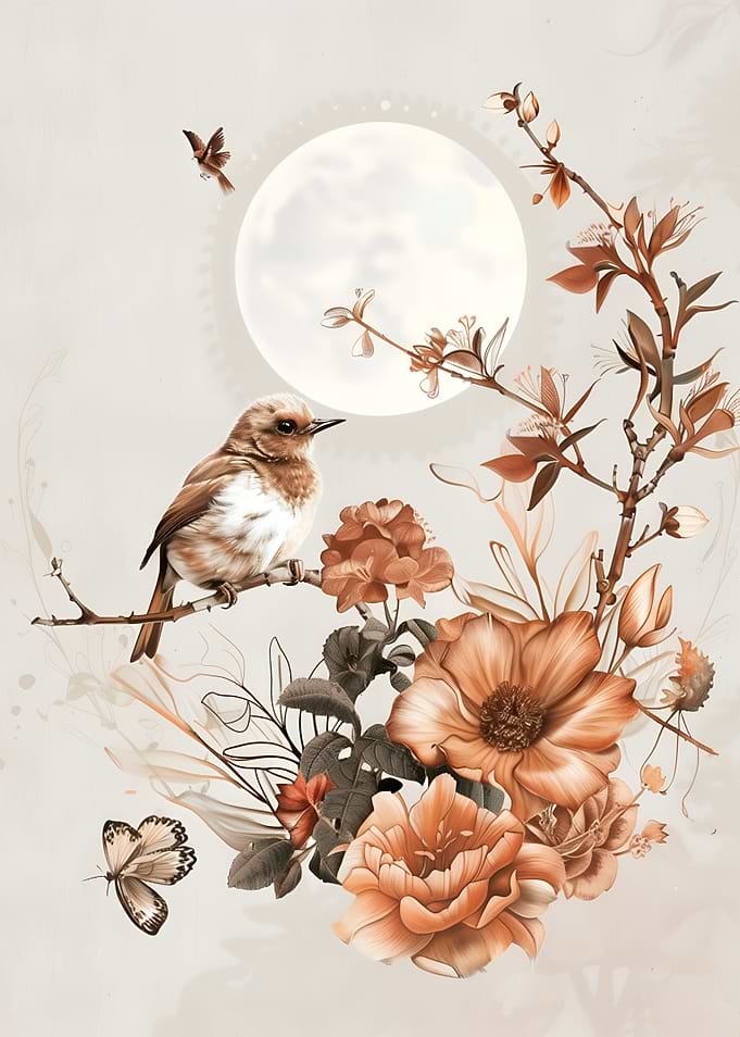 Bird and Flowers with Moon