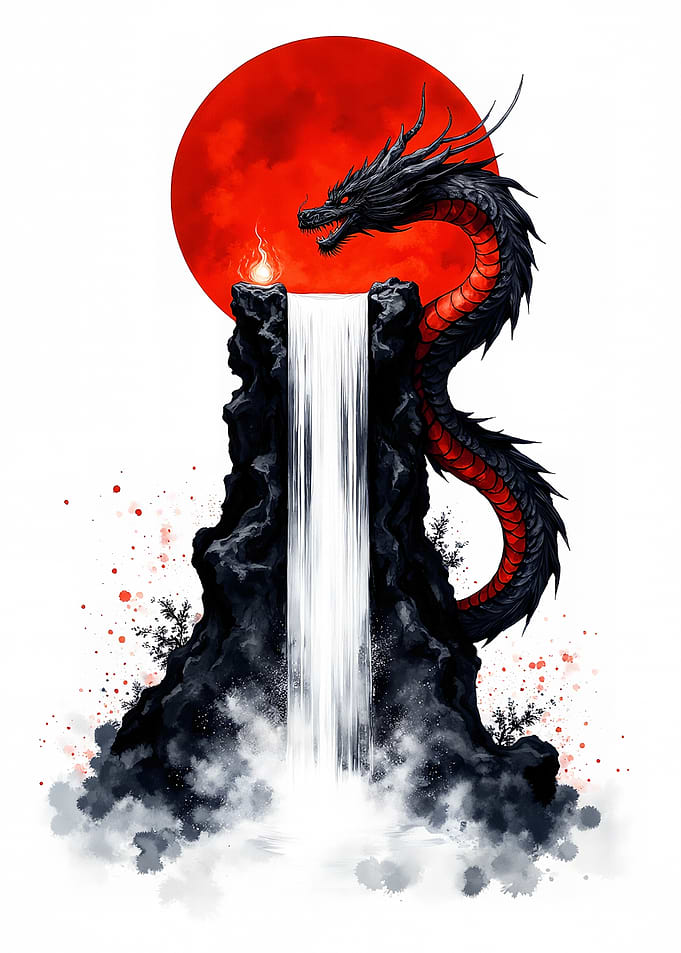 Dragon Over Waterfall Under Red Moon