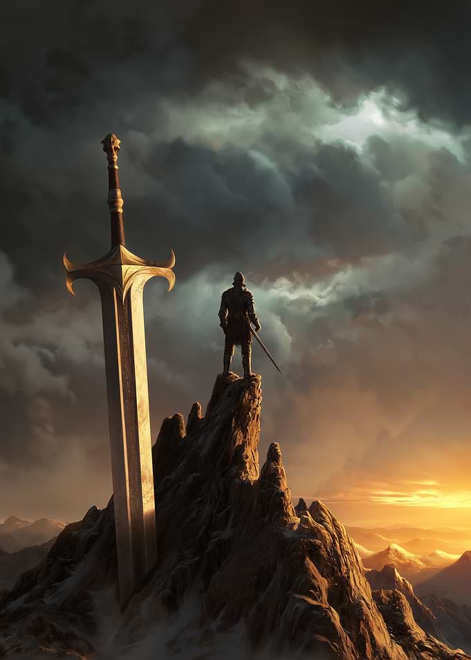 Knight and Giant Sword on Mountain Peak