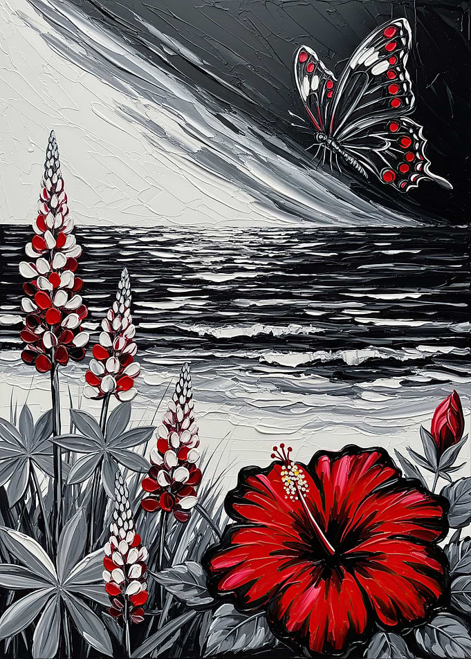 Butterfly and Flowers by the Sea