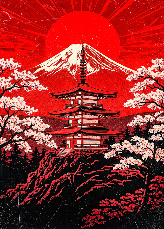 Mount Fuji Pagoda Cherry Blossoms