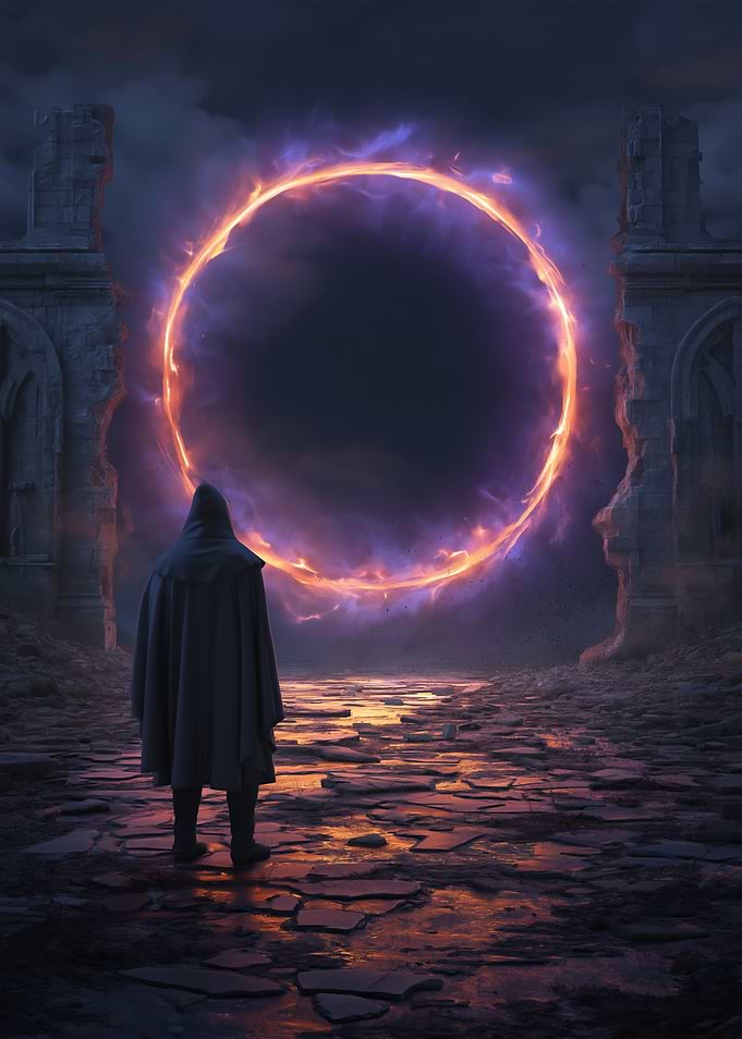 Figure before a fiery portal