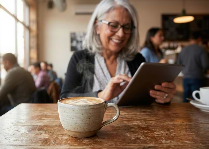 Woman using tablet in coffee shop