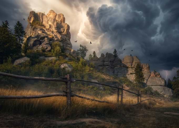 Stormy Tustan Mountain Landscape with Birds