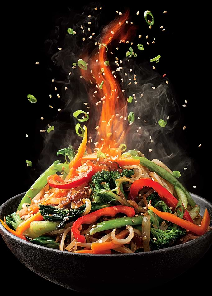 Stir-fry Noodles with Vegetables and Flames