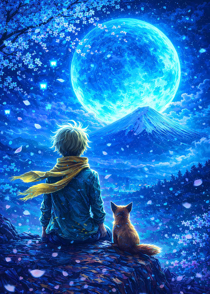 Boy and Fox Under a Blue Moon