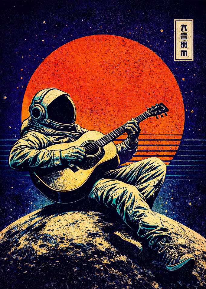 Astronaut playing guitar on a planet
