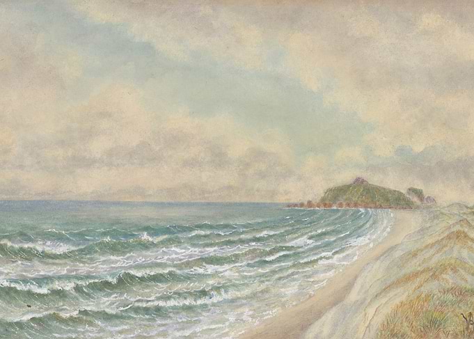Coastal landscape with rolling waves and a distant island