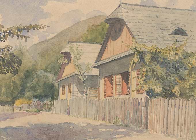 Watercolor painting of rural houses and fence