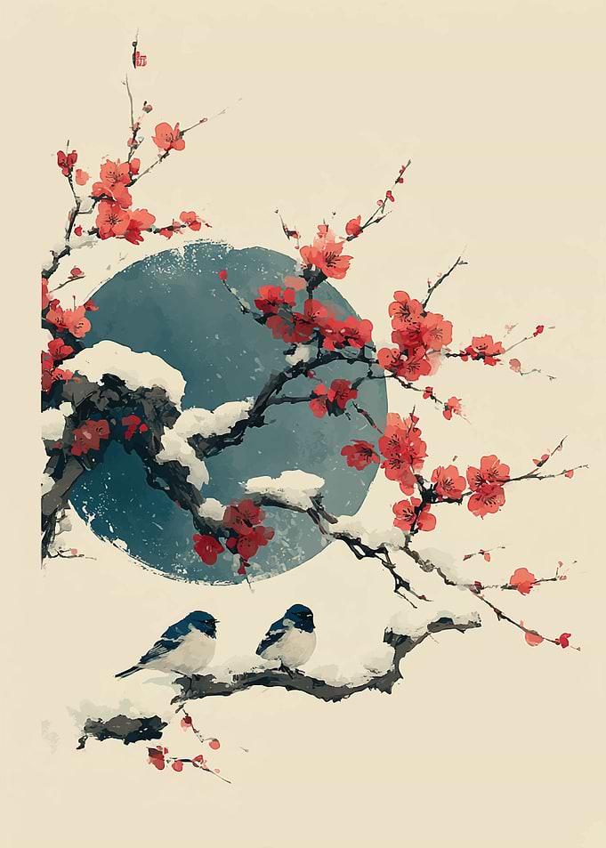 Birds on a snowy plum branch