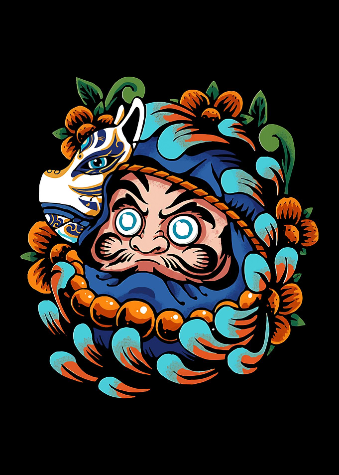 Daruma Doll with Fox Mask and Flowers