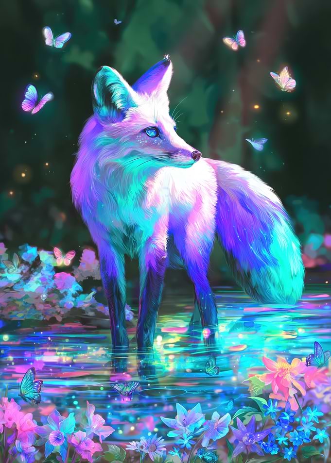 Magical Fox in a Butterfly Garden