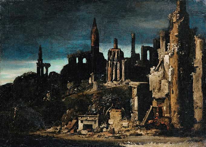 Ruined ancient city under a dark sky