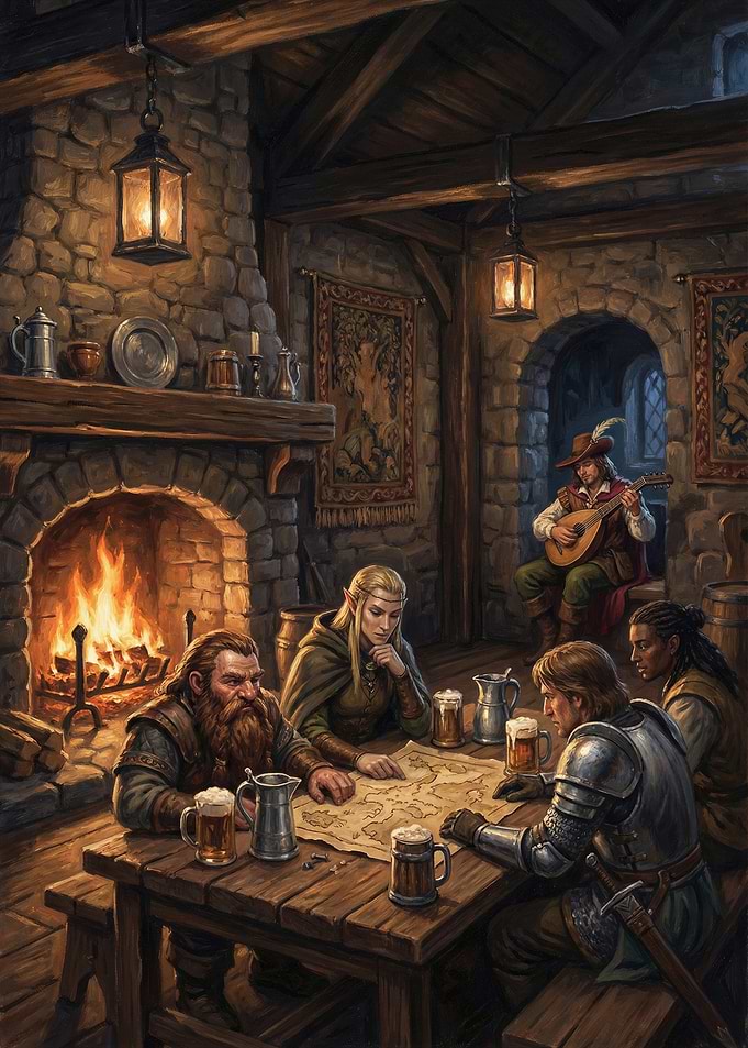 Fantasy adventurers in a tavern