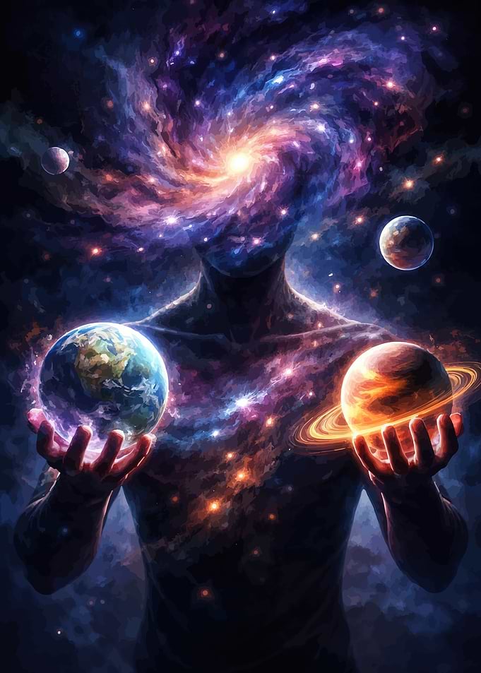 Cosmic Being Holding Planets