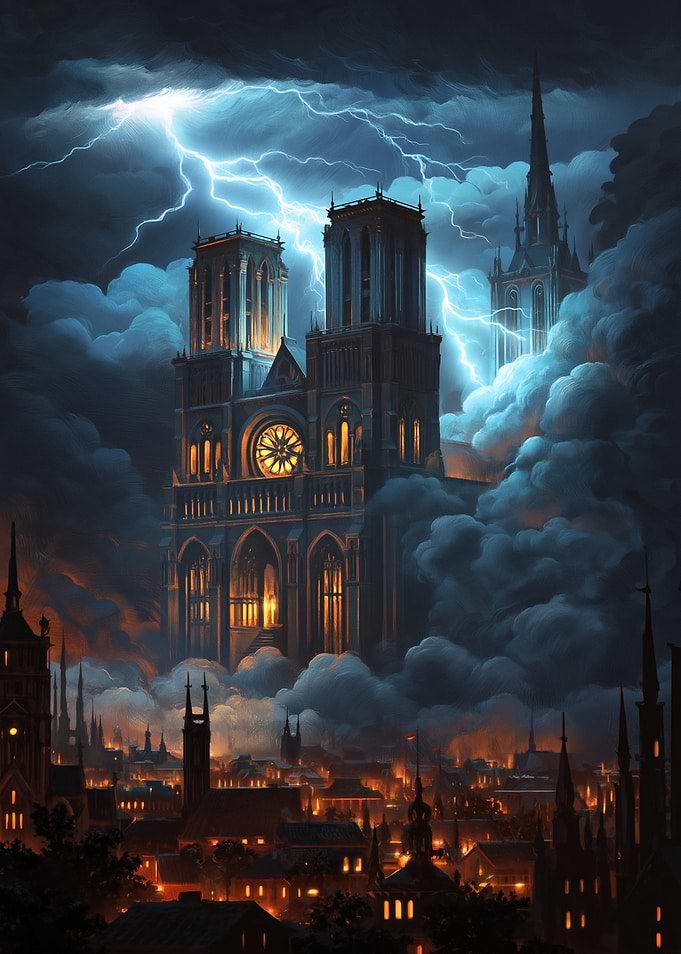Gothic Cathedral in Lightning Storm