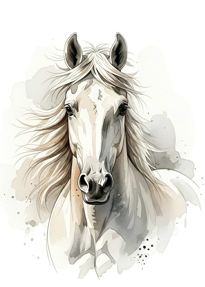 Watercolor White Horse Portrait