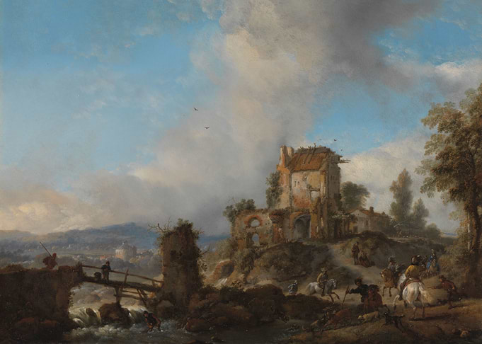 Ruined building with travelers and a bridge