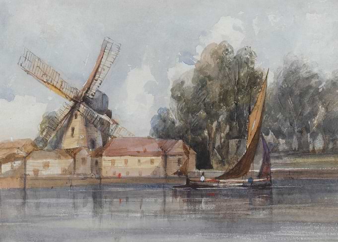 Watercolor of a Mill and Sailboat