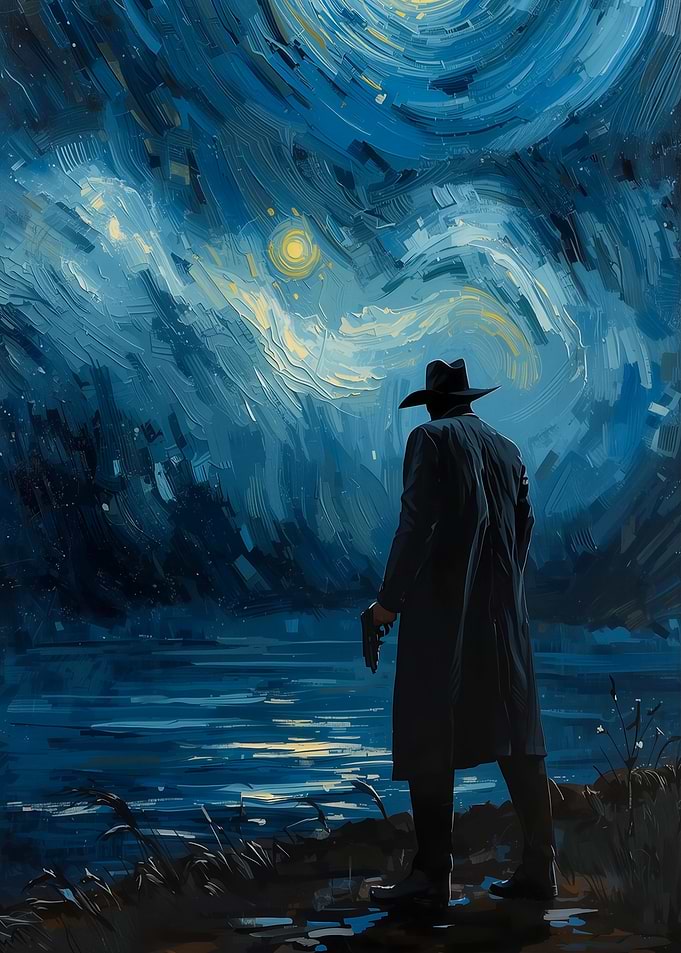 Man in trench coat with gun under starry sky
