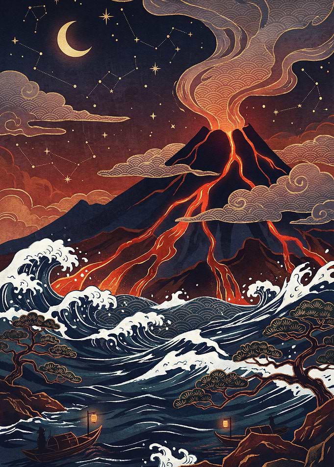 Volcano Erupting into the Night Sea