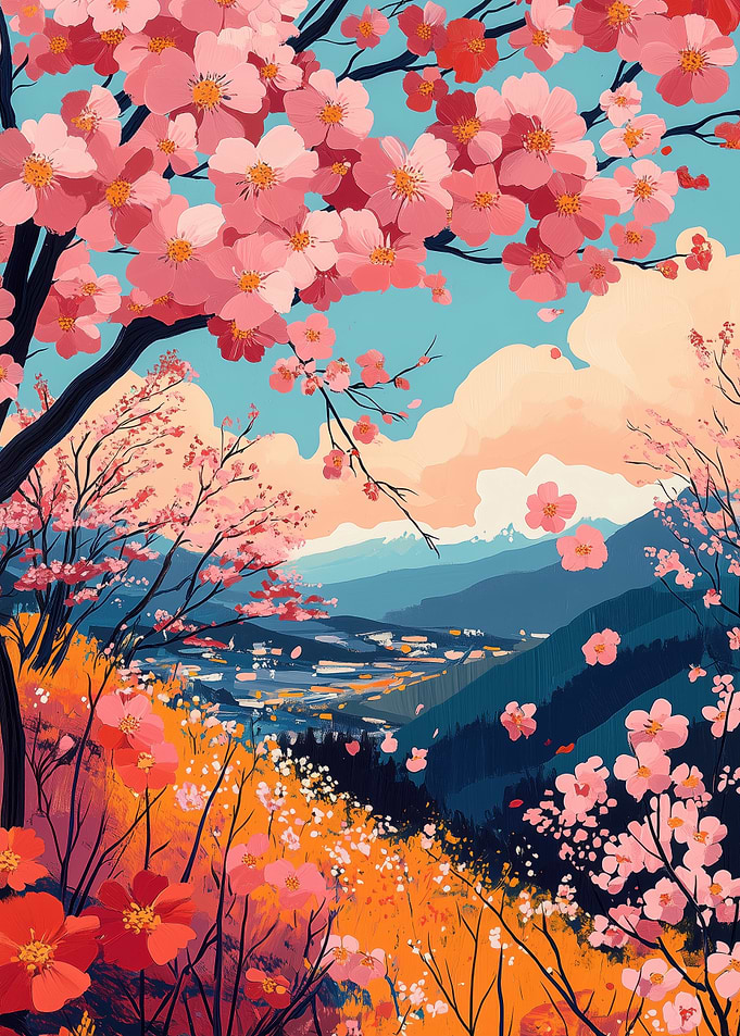 Cherry Blossoms Over a Mountain Village