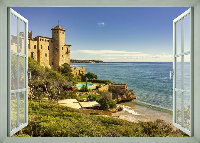 Castle overlooking the sea through a window