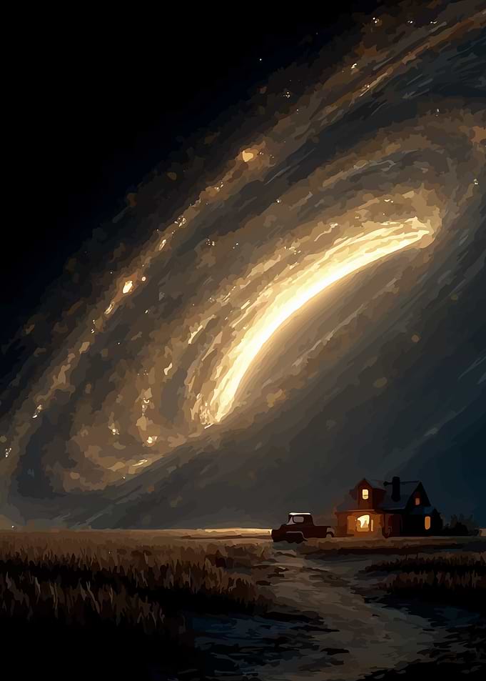 Cosmic Galaxy Over Rural House