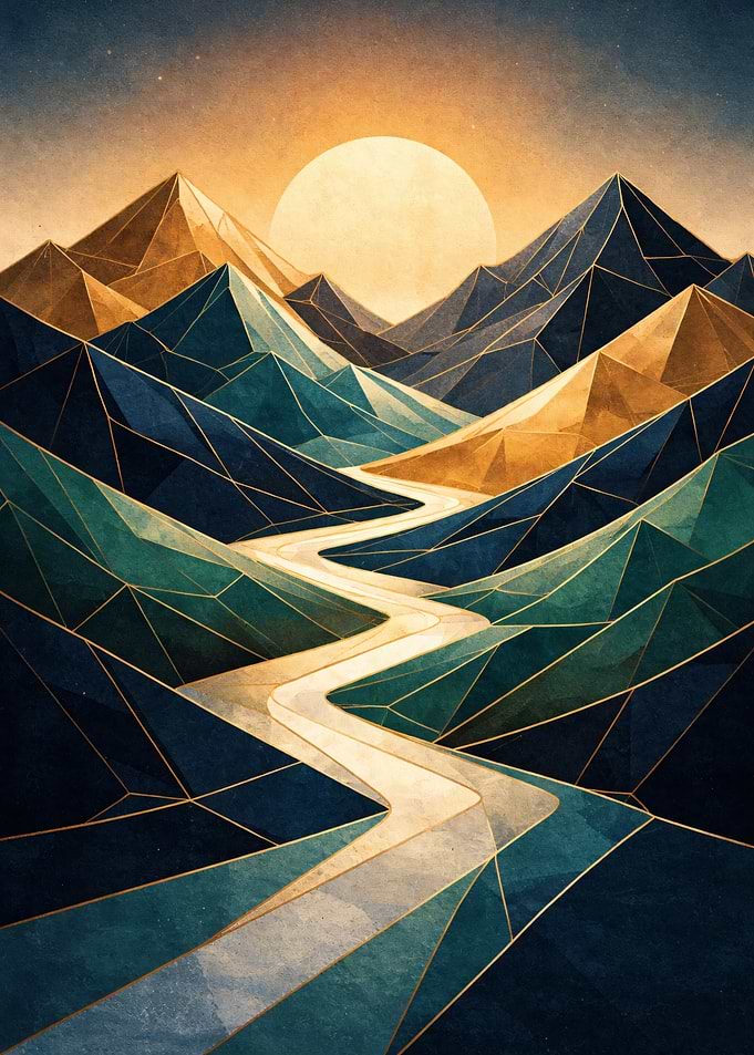 Geometric Mountain Landscape with River