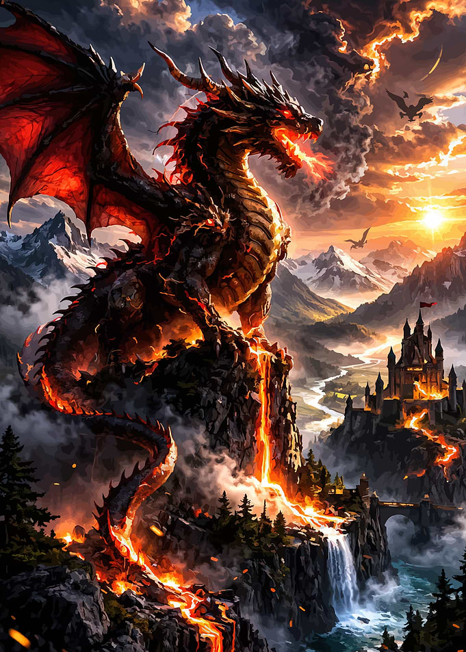 Dragon Overlooking Fiery Landscape