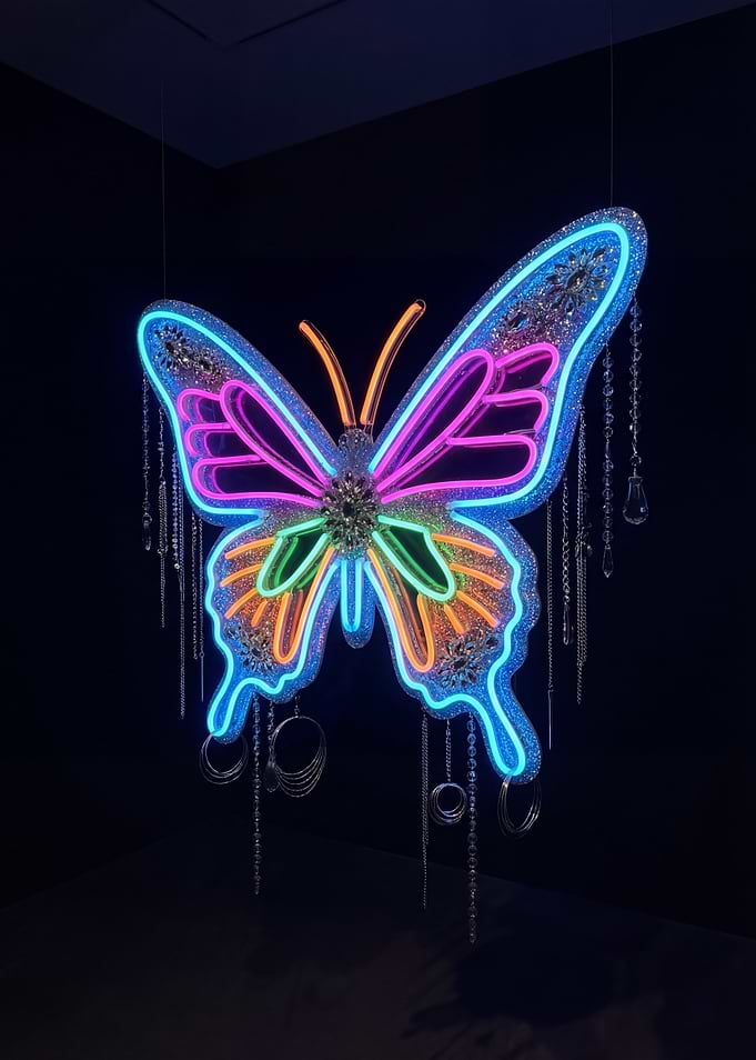 Neon Butterfly Sculpture with Crystals