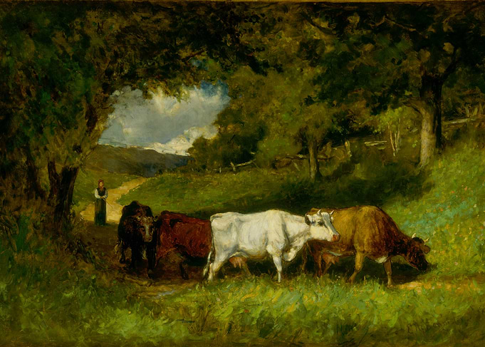 Cows and a woman in a landscape