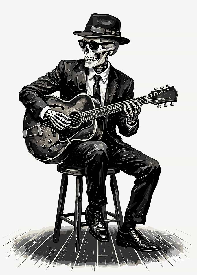 skeleton playing guitar