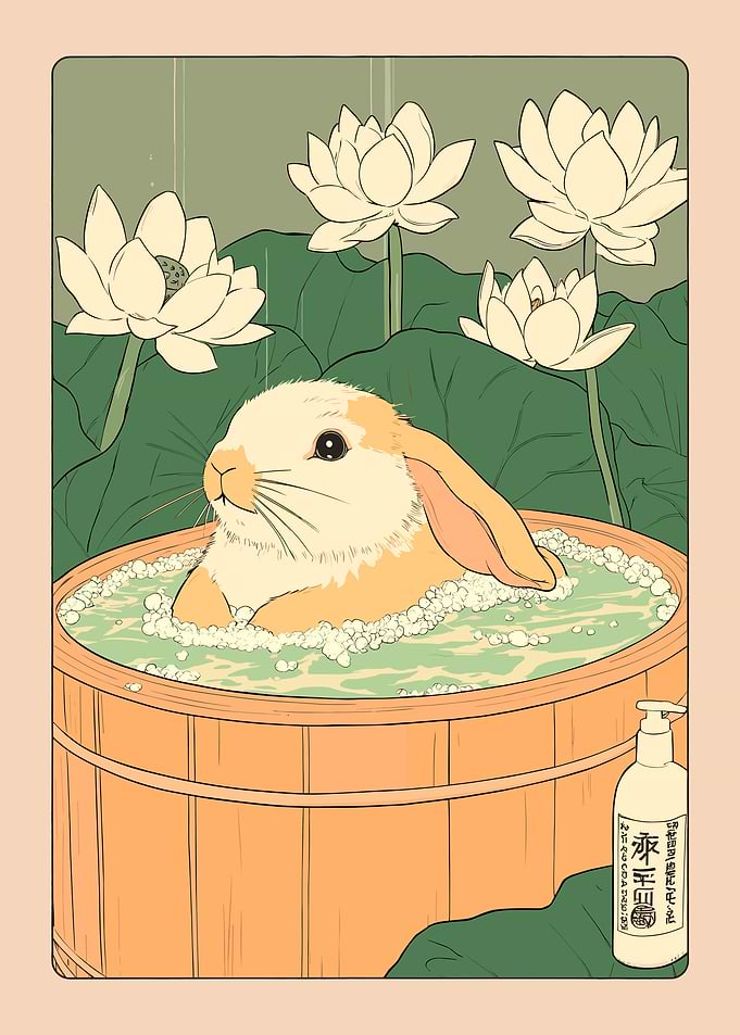 Bunny bathing among lotuses